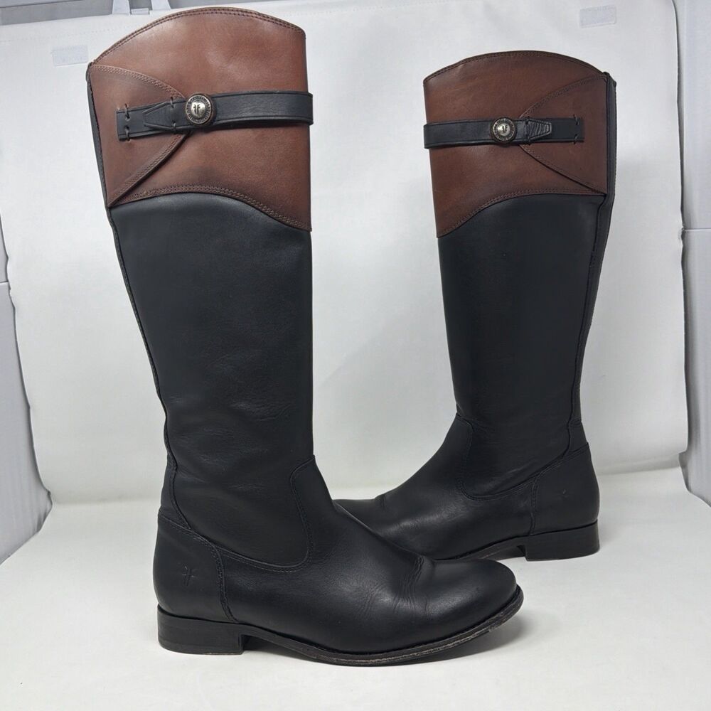 FRYE Tall Riding Boots Women 9.5B Black Brown Leather Zip 3476112-BMU